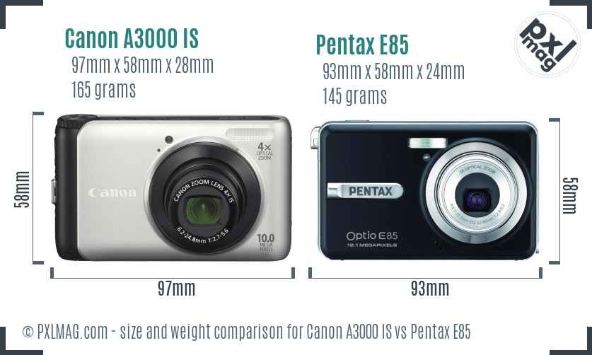 Canon A3000 IS vs Pentax E85 size comparison