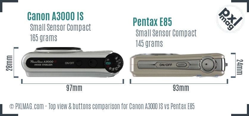 Canon A3000 IS vs Pentax E85 top view buttons comparison