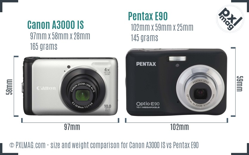 Canon A3000 IS vs Pentax E90 size comparison