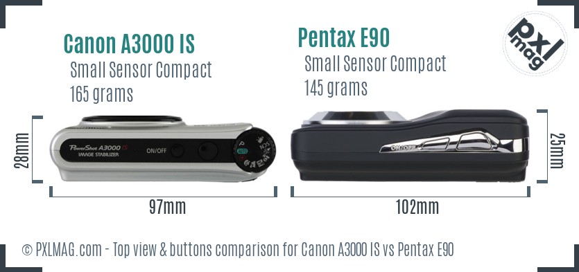 Canon A3000 IS vs Pentax E90 top view buttons comparison