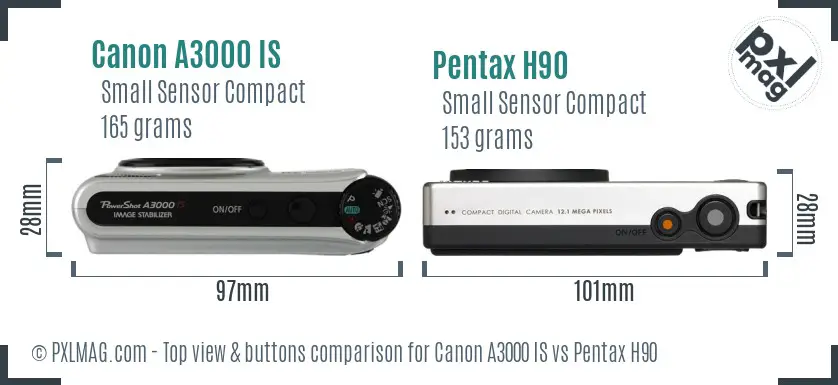 Canon A3000 IS vs Pentax H90 top view buttons comparison