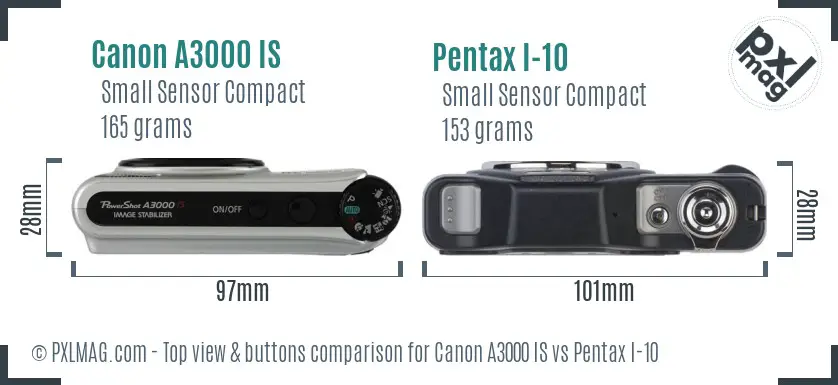 Canon A3000 IS vs Pentax I-10 top view buttons comparison