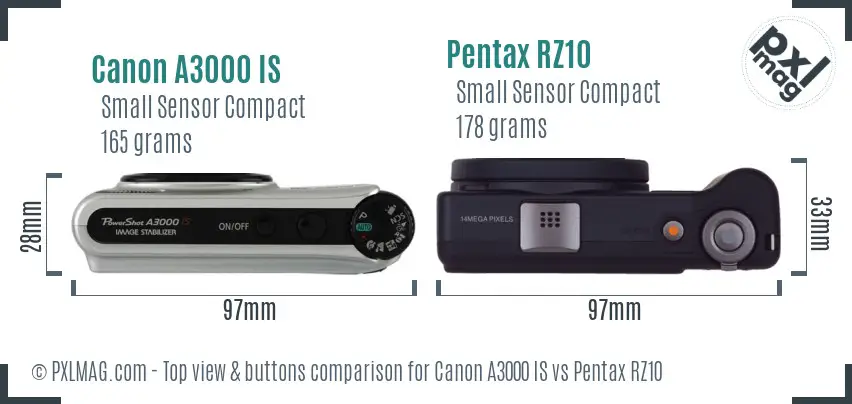 Canon A3000 IS vs Pentax RZ10 top view buttons comparison