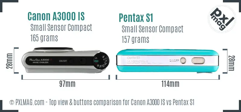 Canon A3000 IS vs Pentax S1 top view buttons comparison