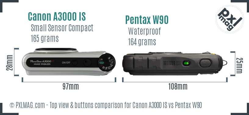 Canon A3000 IS vs Pentax W90 top view buttons comparison