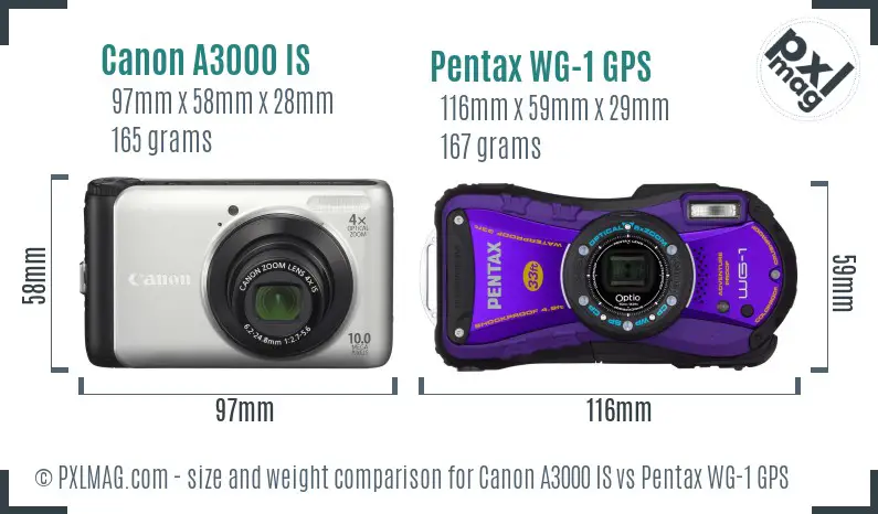 Canon A3000 IS vs Pentax WG-1 GPS size comparison