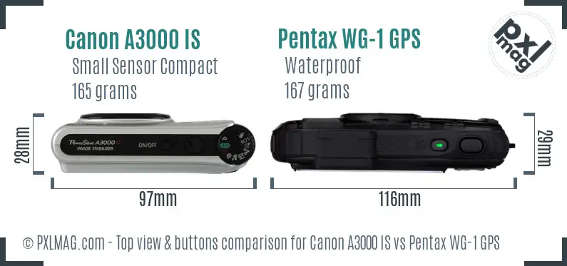 Canon A3000 IS vs Pentax WG-1 GPS top view buttons comparison