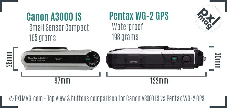 Canon A3000 IS vs Pentax WG-2 GPS top view buttons comparison Canon A3000 IS vs Pentax WG-2 GPS top view buttons comparison