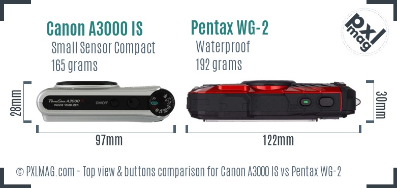Canon A3000 IS vs Pentax WG-2 top view buttons comparison