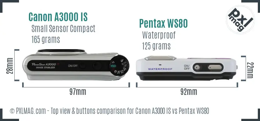Canon A3000 IS vs Pentax WS80 top view buttons comparison Canon A3000 IS vs Pentax WS80 top view buttons comparison