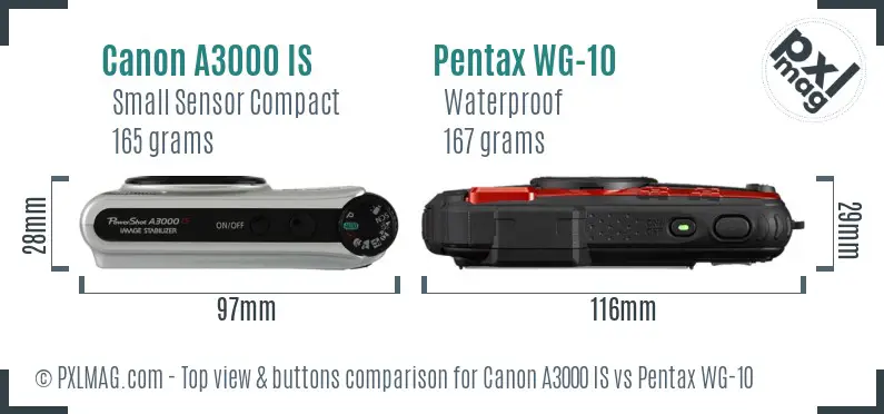 Canon A3000 IS vs Pentax WG-10 top view buttons comparison Canon A3000 IS vs Pentax WG-10 top view buttons comparison