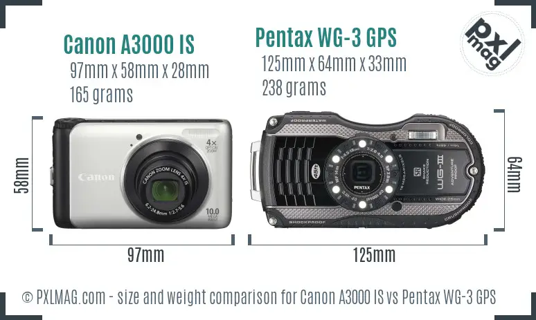 Canon A3000 IS vs Pentax WG-3 GPS size comparison