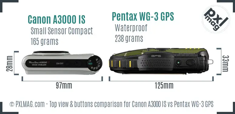 Canon A3000 IS vs Pentax WG-3 GPS top view buttons comparison