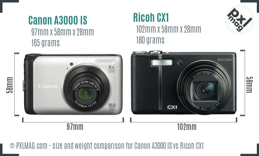 Canon A3000 IS vs Ricoh CX1 size comparison