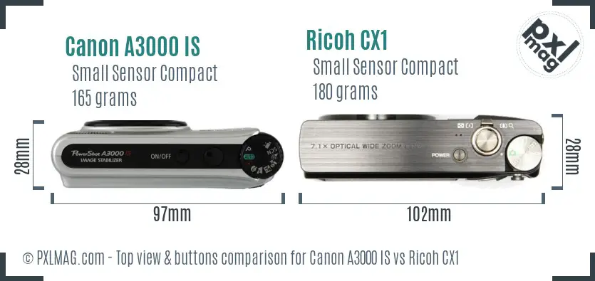 Canon A3000 IS vs Ricoh CX1 top view buttons comparison