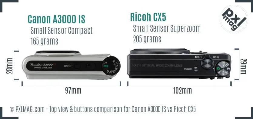 Canon A3000 IS vs Ricoh CX5 top view buttons comparison