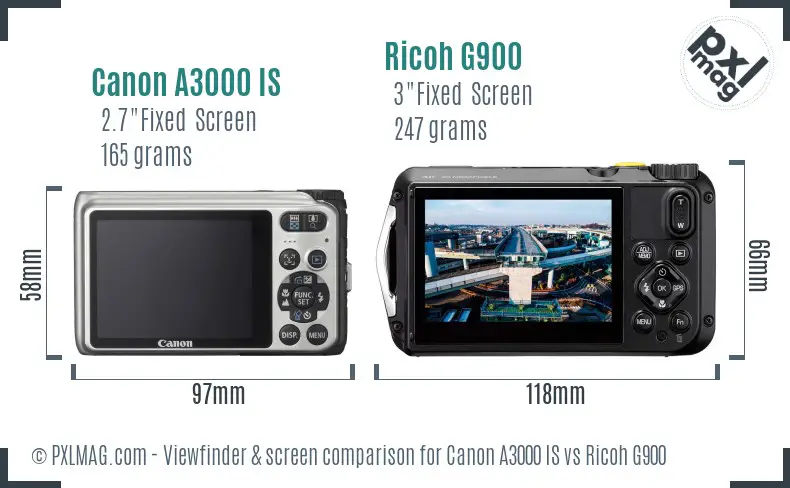 Canon A3000 IS vs Ricoh G900 Screen and Viewfinder comparison