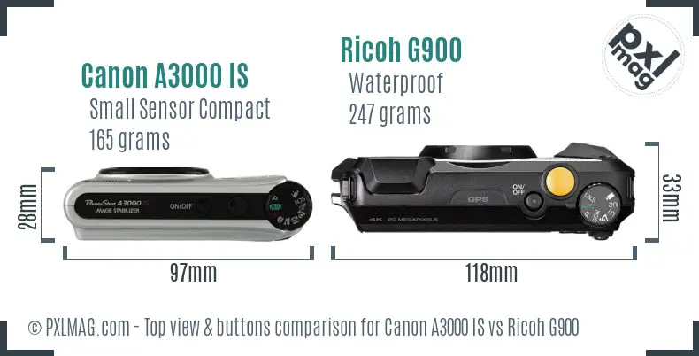 Canon A3000 IS vs Ricoh G900 top view buttons comparison