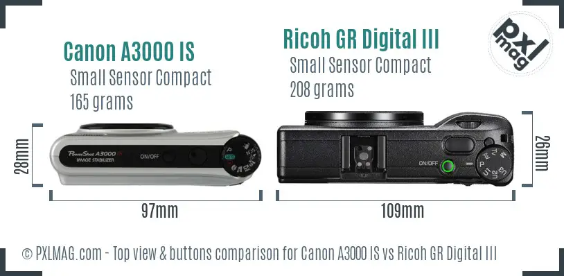 Canon A3000 IS vs Ricoh GR Digital III top view buttons comparison