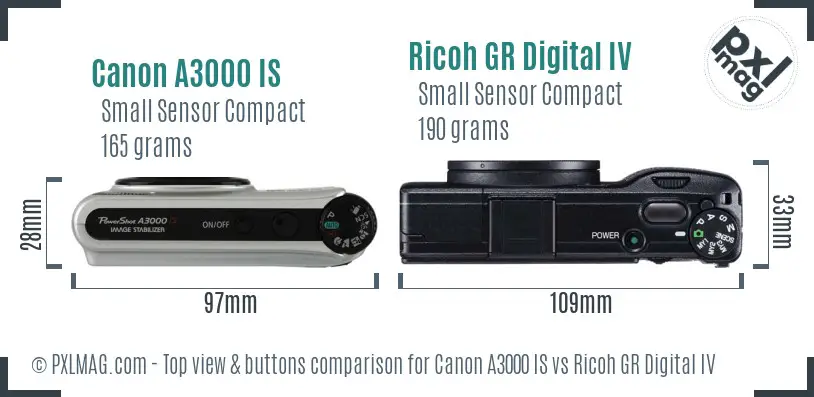 Canon A3000 IS vs Ricoh GR Digital IV top view buttons comparison
