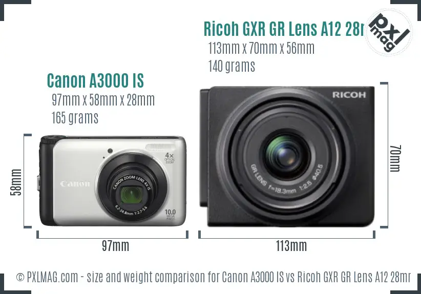 Canon A3000 IS vs Ricoh GXR GR Lens A12 28mm F2.5 size comparison