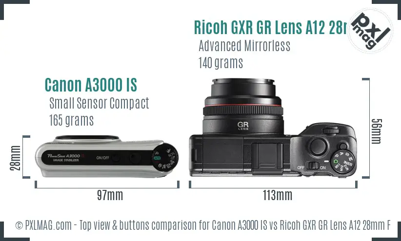 Canon A3000 IS vs Ricoh GXR GR Lens A12 28mm F2.5 top view buttons comparison