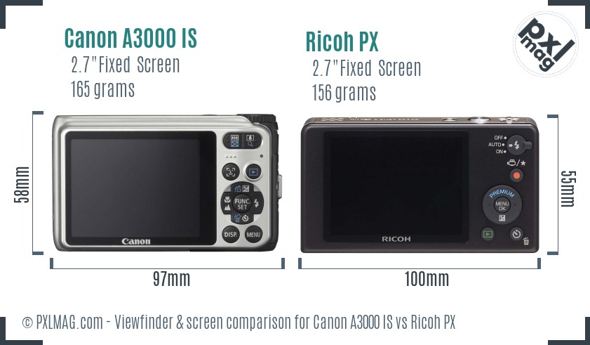 Canon A3000 IS vs Ricoh PX Screen and Viewfinder comparison