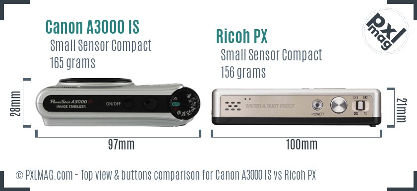 Canon A3000 IS vs Ricoh PX top view buttons comparison