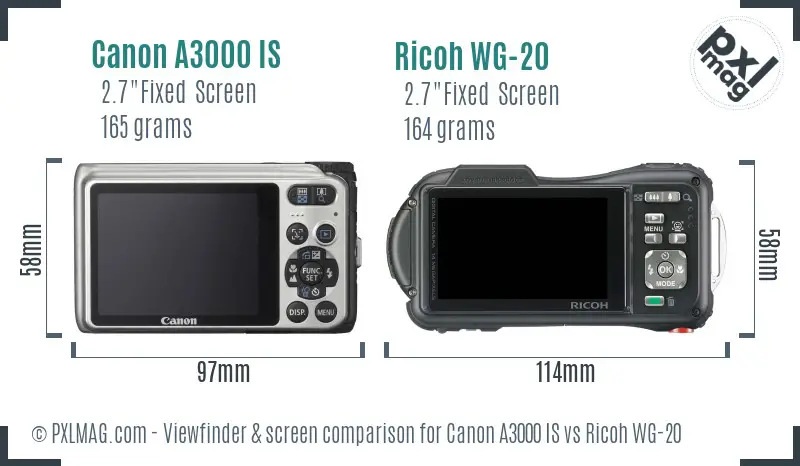 Canon A3000 IS vs Ricoh WG-20 Screen and Viewfinder comparison