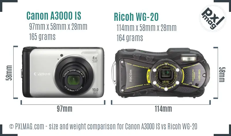 Canon A3000 IS vs Ricoh WG-20 size comparison