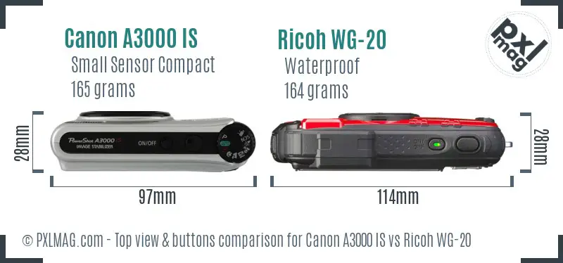 Canon A3000 IS vs Ricoh WG-20 top view buttons comparison