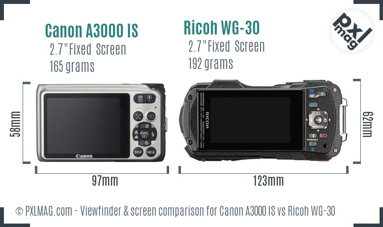 Canon A3000 IS vs Ricoh WG-30 Screen and Viewfinder comparison