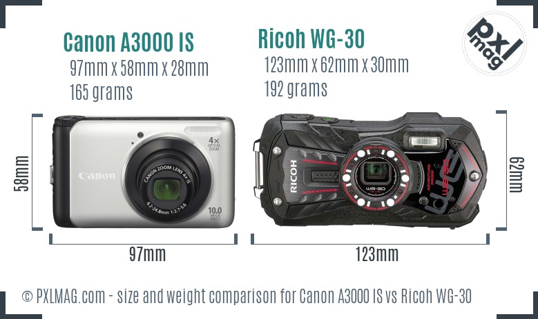 Canon A3000 IS vs Ricoh WG-30 size comparison Canon A3000 IS vs Ricoh WG-30 size comparison