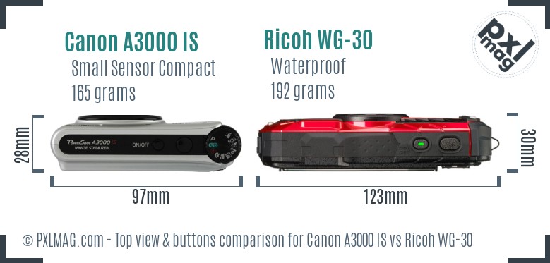 Canon A3000 IS vs Ricoh WG-30 top view buttons comparison