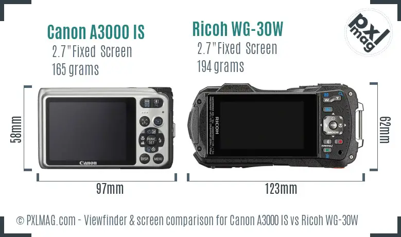 Canon A3000 IS vs Ricoh WG-30W Screen and Viewfinder comparison