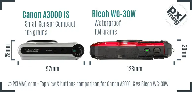 Canon A3000 IS vs Ricoh WG-30W top view buttons comparison