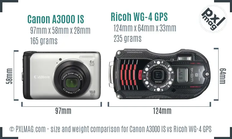 Canon A3000 IS vs Ricoh WG-4 GPS size comparison