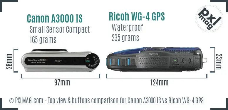 Canon A3000 IS vs Ricoh WG-4 GPS top view buttons comparison