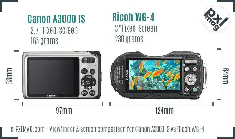 Canon A3000 IS vs Ricoh WG-4 Screen and Viewfinder comparison