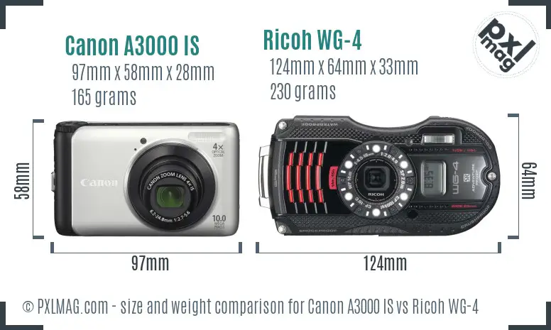 Canon A3000 IS vs Ricoh WG-4 size comparison