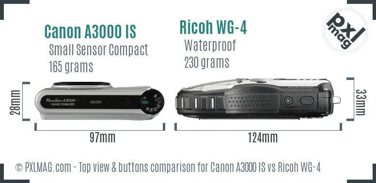 Canon A3000 IS vs Ricoh WG-4 top view buttons comparison