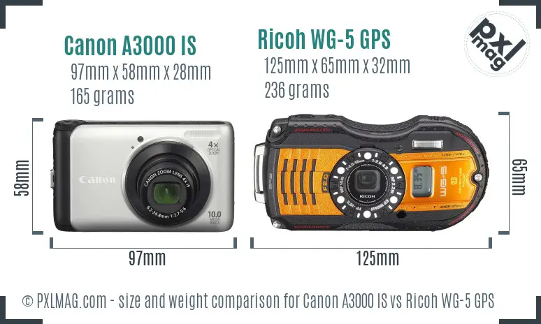 Canon A3000 IS vs Ricoh WG-5 GPS size comparison Canon A3000 IS vs Ricoh WG-5 GPS size comparison