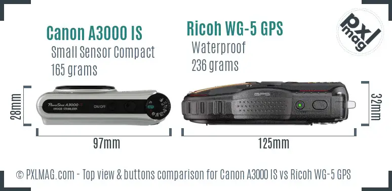 Canon A3000 IS vs Ricoh WG-5 GPS top view buttons comparison Canon A3000 IS vs Ricoh WG-5 GPS top view buttons comparison