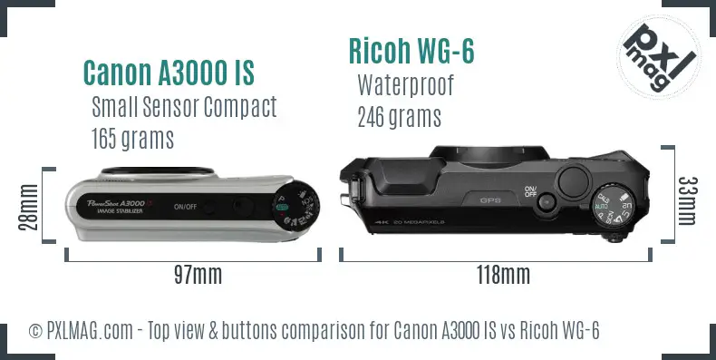 Canon A3000 IS vs Ricoh WG-6 top view buttons comparison Canon A3000 IS vs Ricoh WG-6 top view buttons comparison
