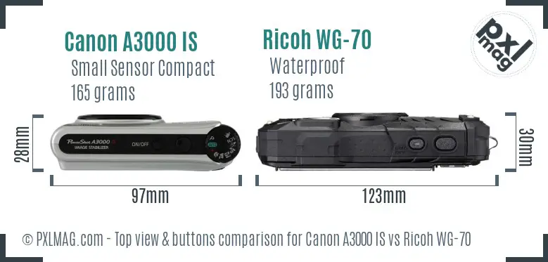 Canon A3000 IS vs Ricoh WG-70 top view buttons comparison