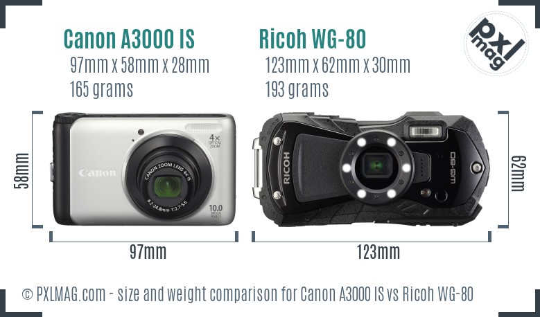 Canon A3000 IS vs Ricoh WG-80 size comparison Canon A3000 IS vs Ricoh WG-80 size comparison