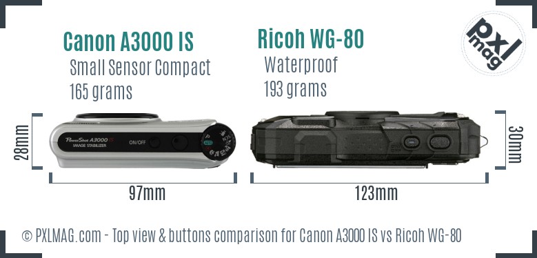 Canon A3000 IS vs Ricoh WG-80 top view buttons comparison