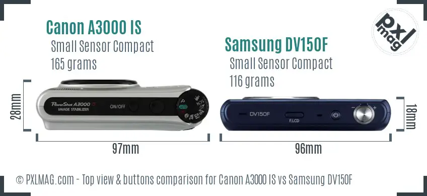 Canon A3000 IS vs Samsung DV150F top view buttons comparison Canon A3000 IS vs Samsung DV150F top view buttons comparison