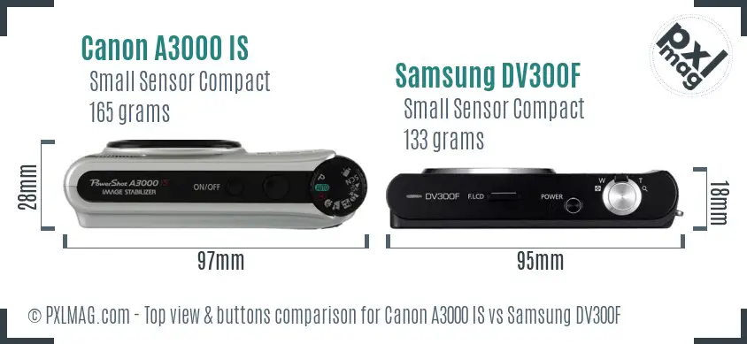 Canon A3000 IS vs Samsung DV300F top view buttons comparison