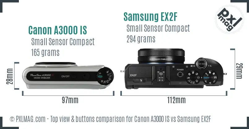Canon A3000 IS vs Samsung EX2F top view buttons comparison
